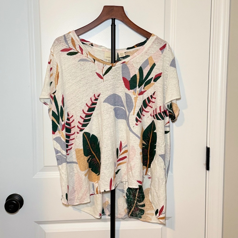 Cynthia Rowley Women 2X Linen Tropical High Low V-Neck Top Contemporary Boho